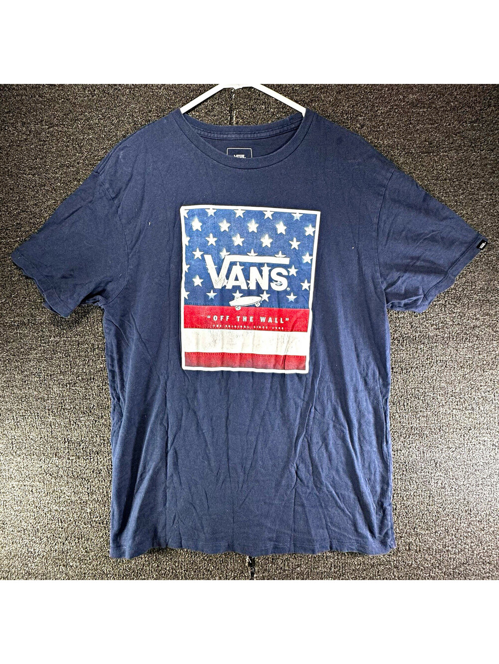 VANS Off The Wall USA Flag Graphic Blue Crew Neck T-Shirt Custom Fit, Size L